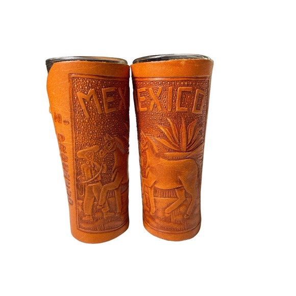 Mexico N. Progreso Hand Tooled Leather Flask Bottle And Two Shot Glasses - Picture 7 of 12